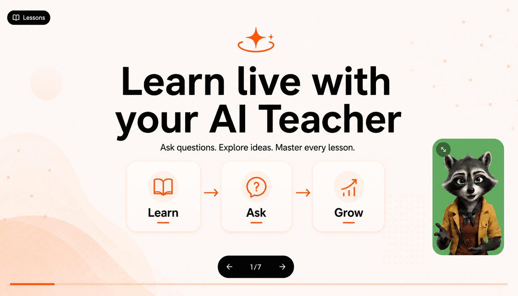 Aivah LMS live lesson with an AI teacher, course slides, and learner chat